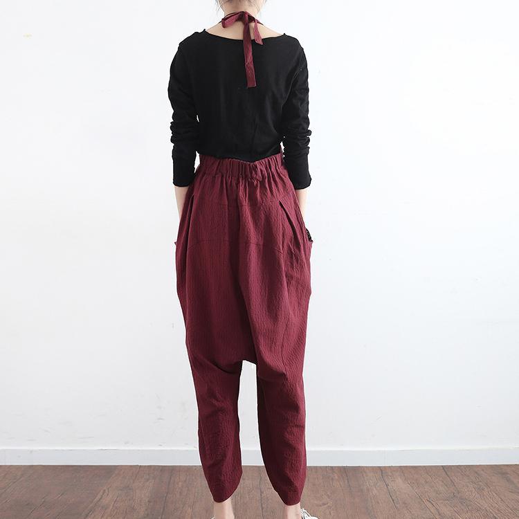 2017 autumn warm burgundy prints linen wide leg pants loose unique casual jumpsuit pants - Omychic