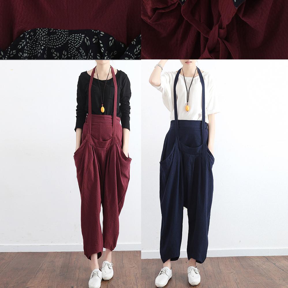 2017 autumn warm burgundy prints linen wide leg pants loose unique casual jumpsuit pants - Omychic