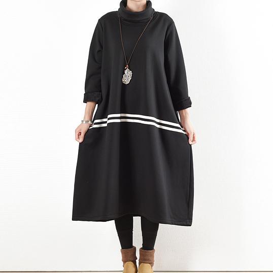 2017 autumn winter black patchwork cotton dresses plus size casual warm outfits maxi dress - Omychic