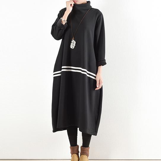 2017 autumn winter black patchwork cotton dresses plus size casual warm outfits maxi dress - Omychic