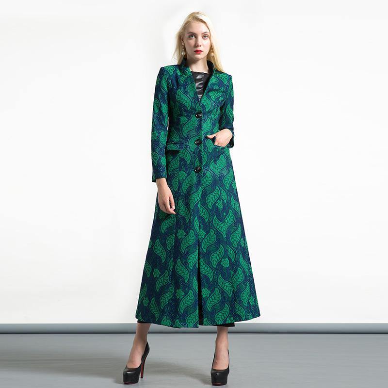 2017 autumn winter new jacquard cotton blended trench coats green slim fit maxi coat - Omychic