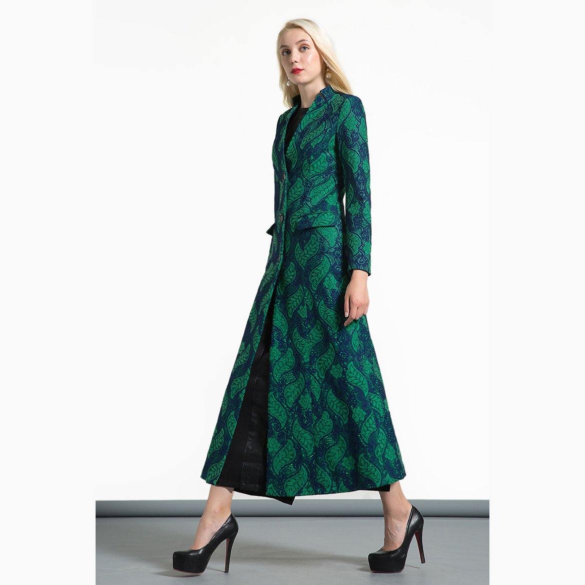 2017 autumn winter new jacquard cotton blended trench coats green slim fit maxi coat - Omychic