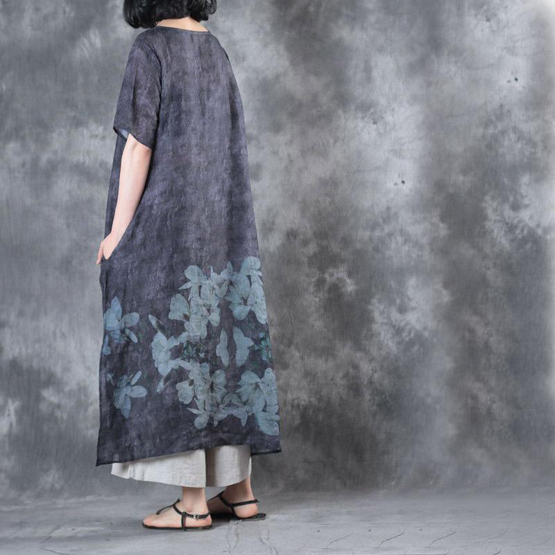 2017 baggy dark gray prints vintage linen dresses plus size casual sundress short sleeve maxi dress - Omychic
