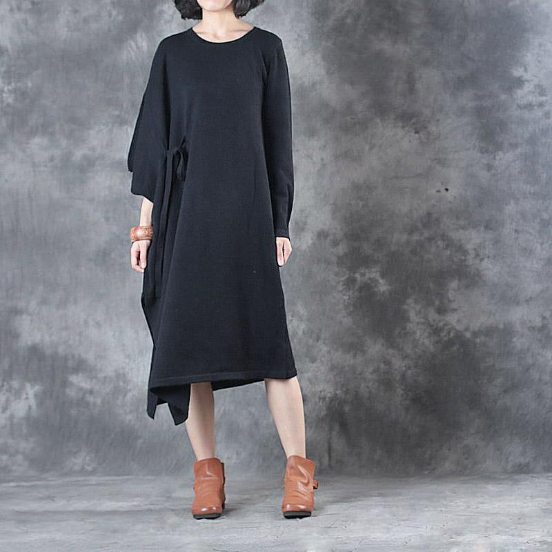 2017 black asymmetric design cotton corduroy knit dress long sleeve sweater dress - Omychic