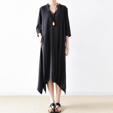2017 black asymmetric silk linen dresses plus size vintage maxi dress  embroidery casual sundress - Omychic