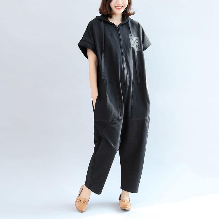 2017 black casual cotton hooded short sleeve tops and jumpsuit jeans - Omychic