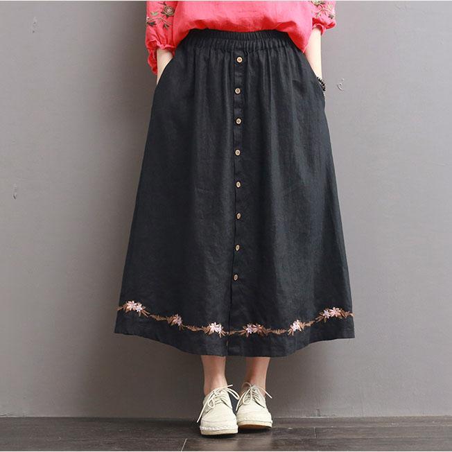 2017 black  casual embroidery skirt cotton linen a line skirts elastic waist women skirts - Omychic