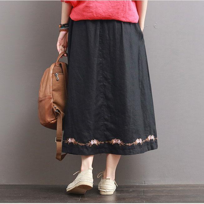 2017 black  casual embroidery skirt cotton linen a line skirts elastic waist women skirts - Omychic