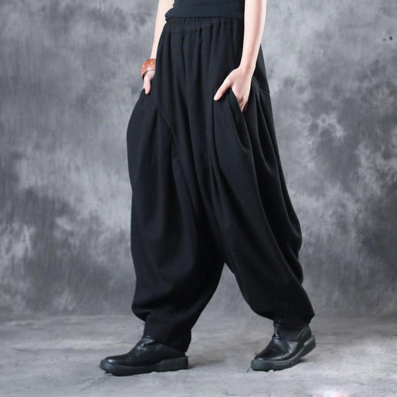 2017 black casual plus size pants women elastic waist wide leg pants - Omychic