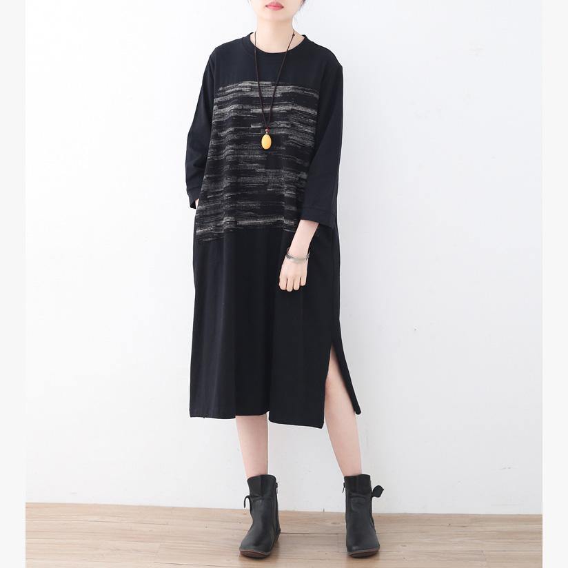 2017 black cotton knee dress oversized traveling dress boutique side open striped cotton dresses - Omychic