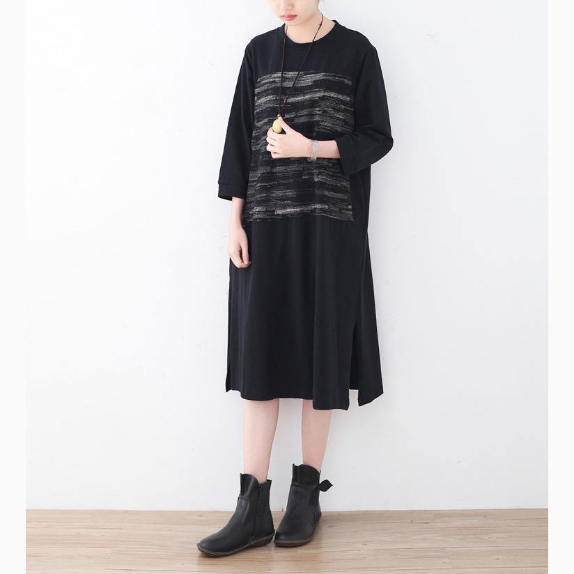 2017 black cotton knee dress oversized traveling dress boutique side open striped cotton dresses - Omychic