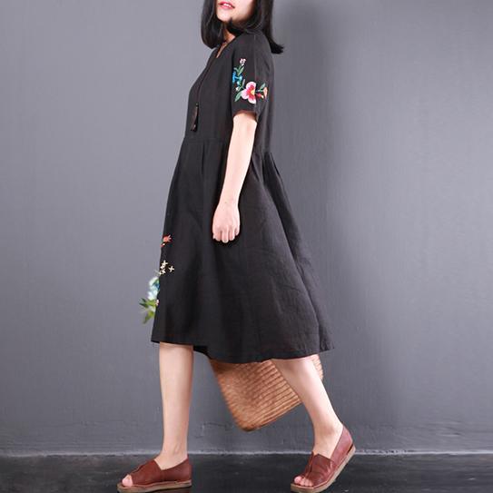 2017 black embroidery linen sundress plus size casual dress short sleeve traveling dress - Omychic