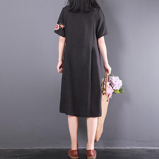 2017 black embroidery linen sundress plus size casual dress short sleeve traveling dress - Omychic