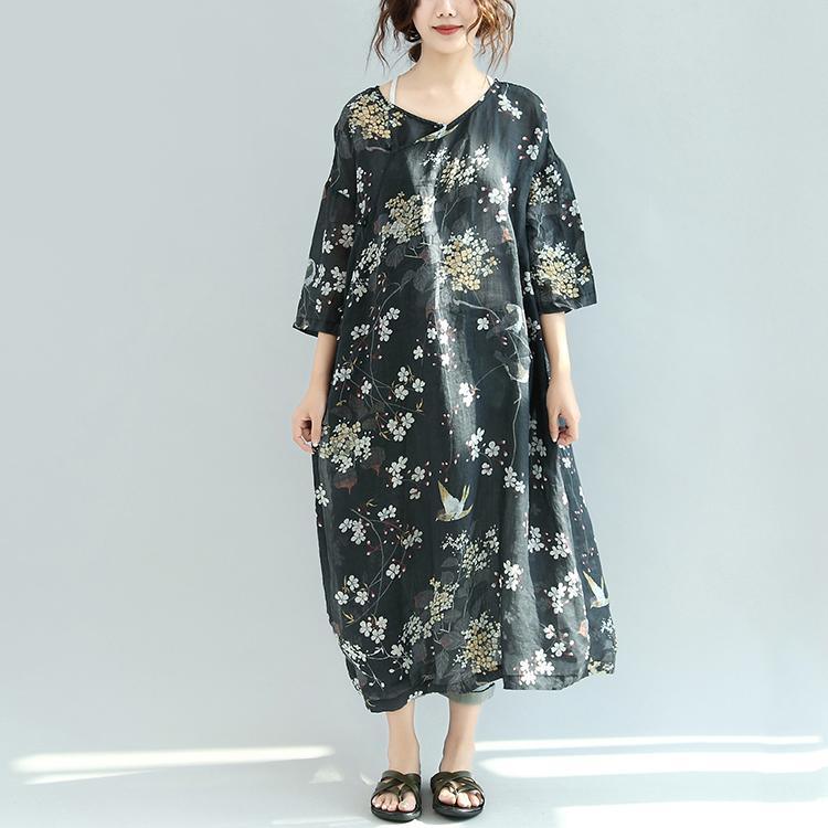 2017 black floral bird silk linen dresses plus size sundress vintage half sleeve maxi dress - Omychic