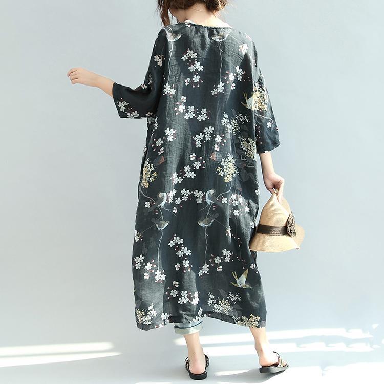 2017 black floral bird silk linen dresses plus size sundress vintage half sleeve maxi dress - Omychic