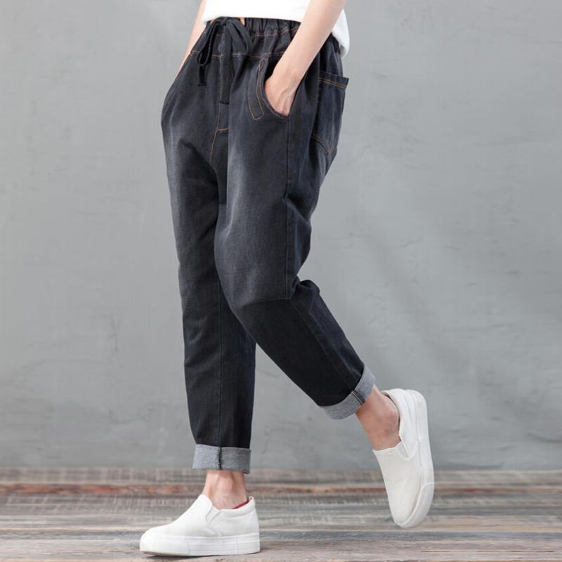 2017 black jeans loose haram denim pants plus size crop pants trousers elastic waist - Omychic