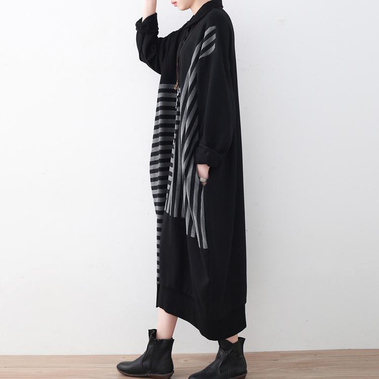 2017 black linen maxi dress plussize patchwork long cotton dresses top quality striped dress - Omychic