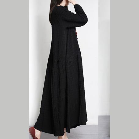 2021  Black Linen Silk Dresses Oversize Jacquard Vintage Maxi Dress - Omychic