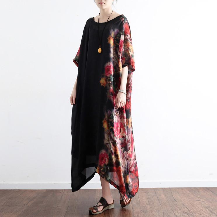 2017 black prints silk dresses plus size sundress patchwork short sleeve maxi dress - Omychic