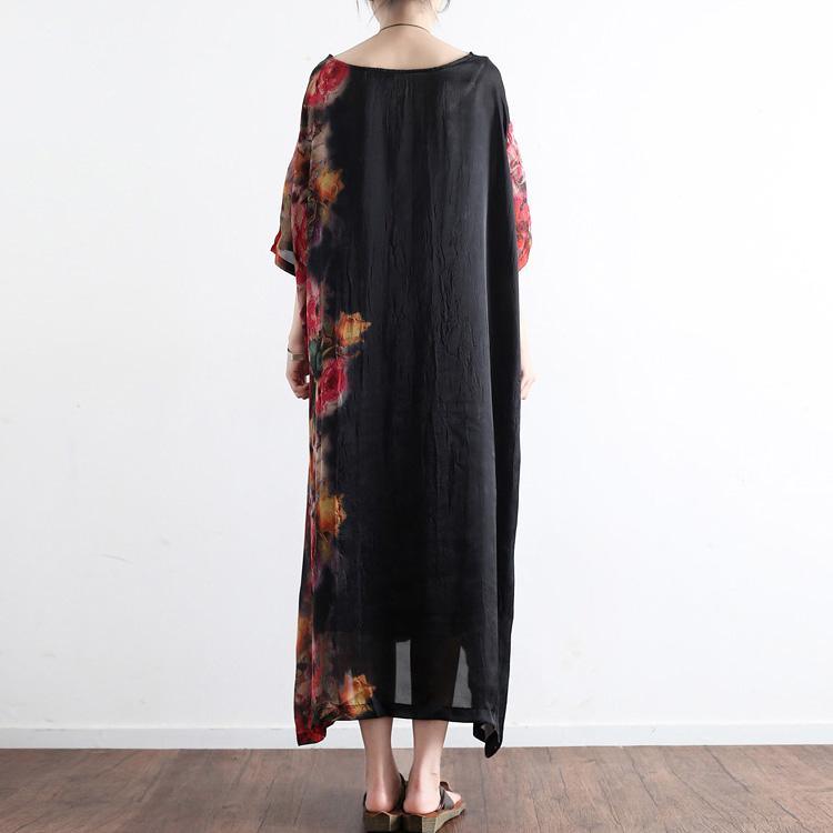 2017 black prints silk dresses plus size sundress patchwork short sleeve maxi dress - Omychic