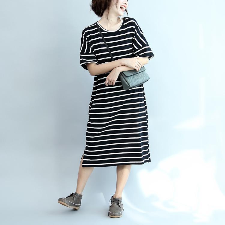 2017 black striped casual sundress short sleeve plus size maxi dress o neck women dresses - Omychic