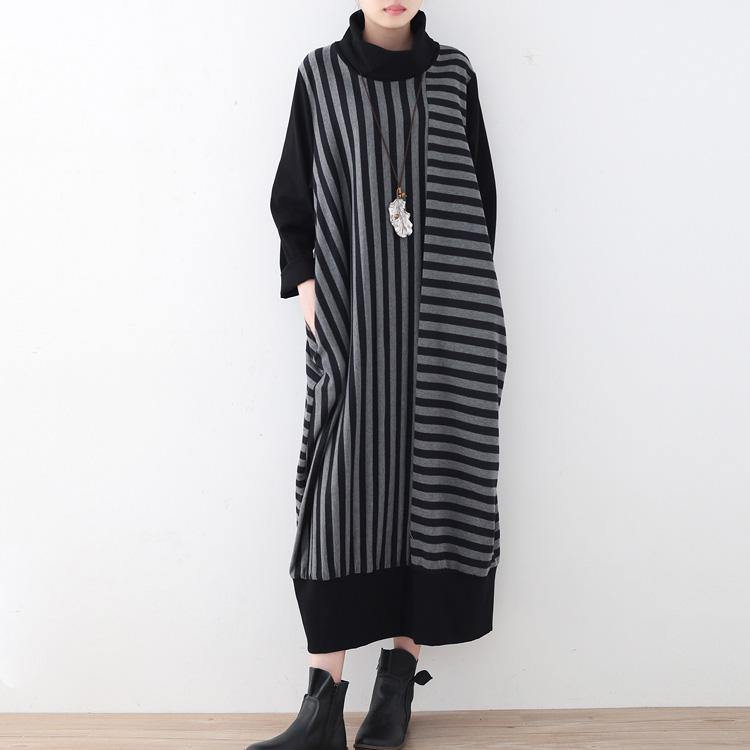 2017 black striped cotton maxi dress casual patchwork cotton maxi dress women high neck traveling dress - Omychic