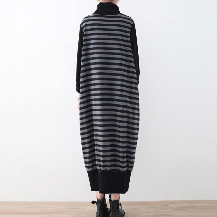 2017 black striped cotton maxi dress casual patchwork cotton maxi dress women high neck traveling dress - Omychic