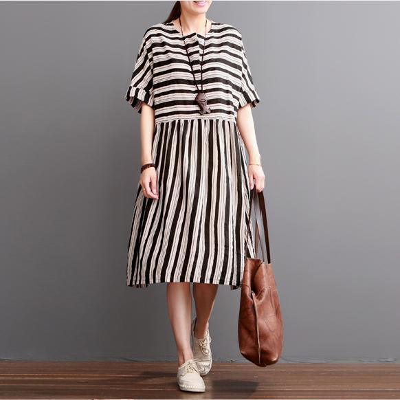 2017 black striped summer dresses plus size linen sundress short sleeve cotton maxi dress - Omychic