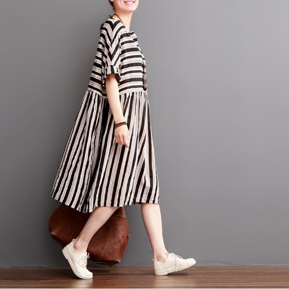 2017 black striped summer dresses plus size linen sundress short sleeve cotton maxi dress - Omychic