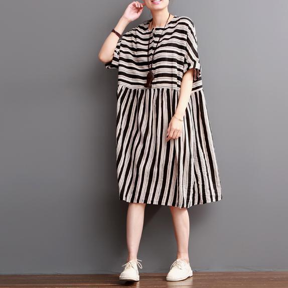 2017 black striped summer dresses plus size linen sundress short sleeve cotton maxi dress - Omychic