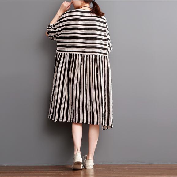 2017 black striped summer dresses plus size linen sundress short sleeve cotton maxi dress - Omychic