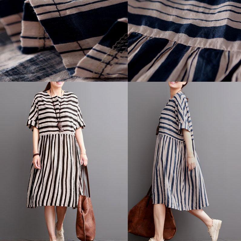 2017 black striped summer dresses plus size linen sundress short sleeve cotton maxi dress - Omychic