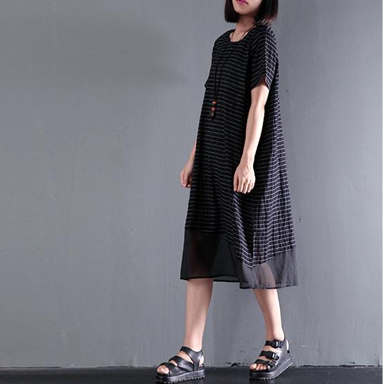 2017 black strips linen dress o neck maxi dresses plus size sundresses - Omychic