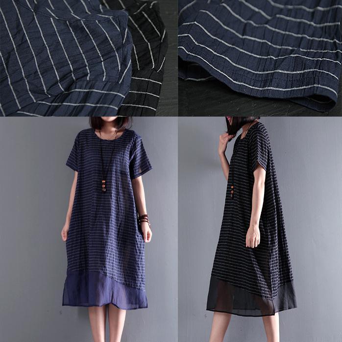 2017 black strips linen dress o neck maxi dresses plus size sundresses - Omychic