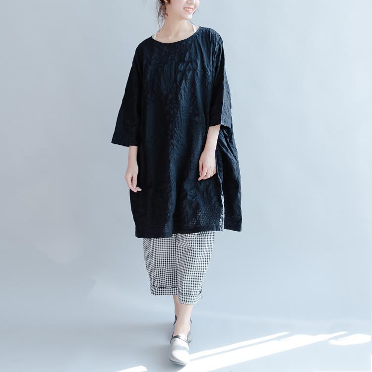 2017 black summer dresses cotton oversize sundress embroidery o neck mid-dress - Omychic