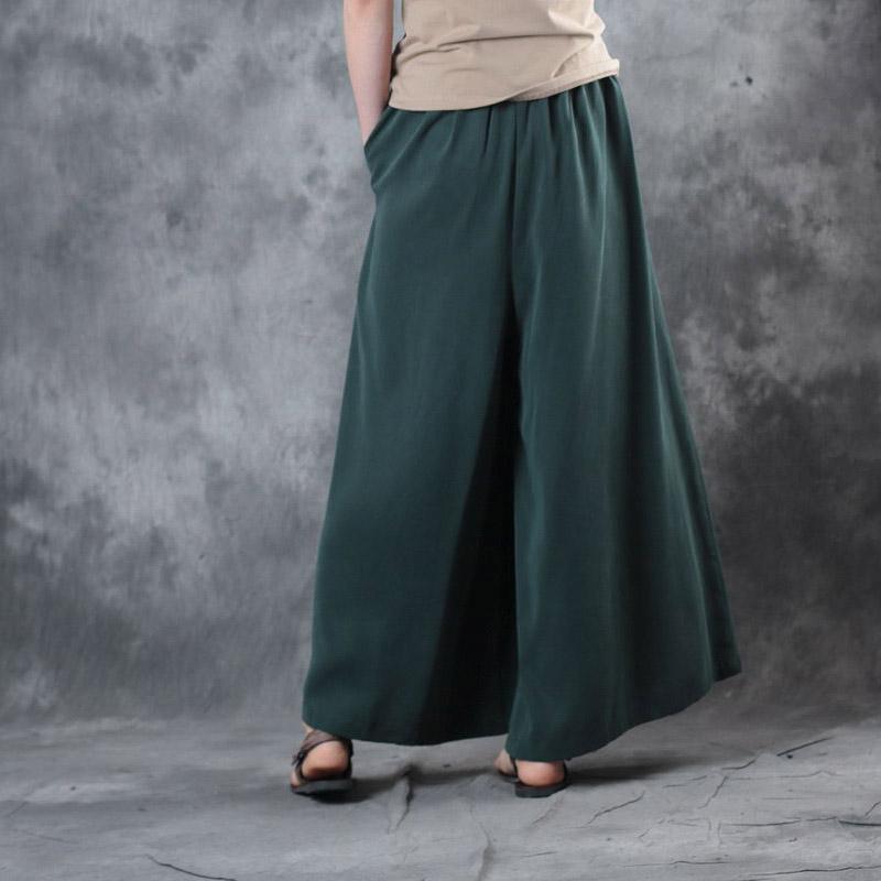 2017 blackish green casual silk pants plus size elastic waist wide leg pants - Omychic