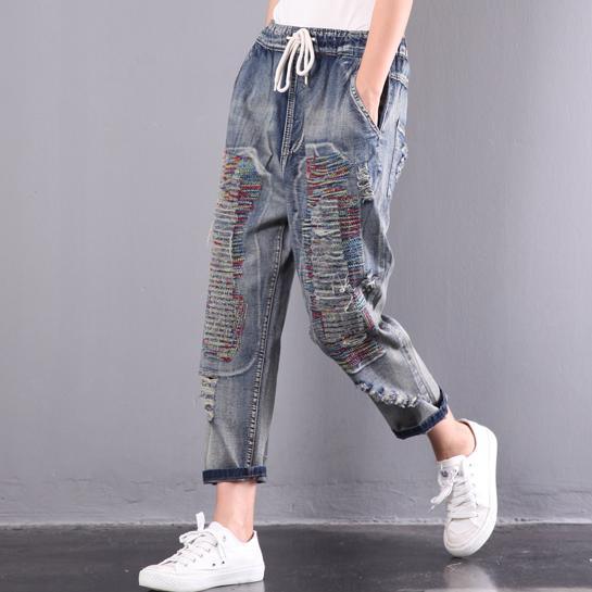 2017 blue cotton plus size pants elastic waist slim jean - Omychic
