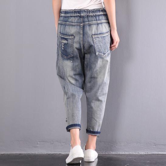2017 blue cotton plus size pants elastic waist slim jean - Omychic