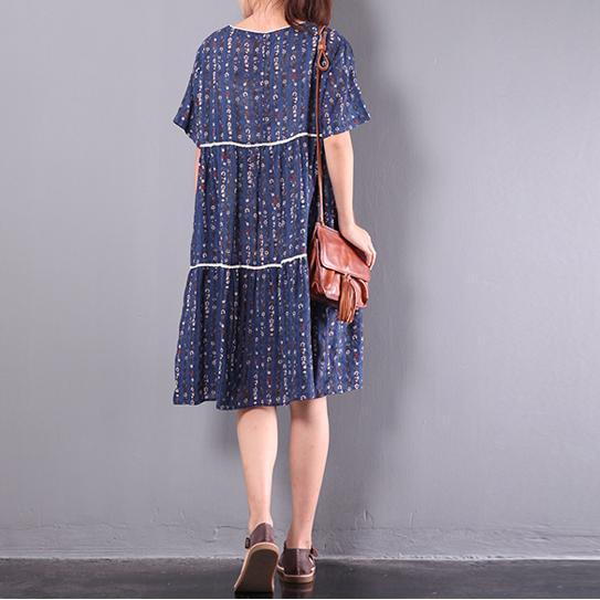 2017 blue floral linen dresses casual plus size sundress short sleeve women dress - Omychic