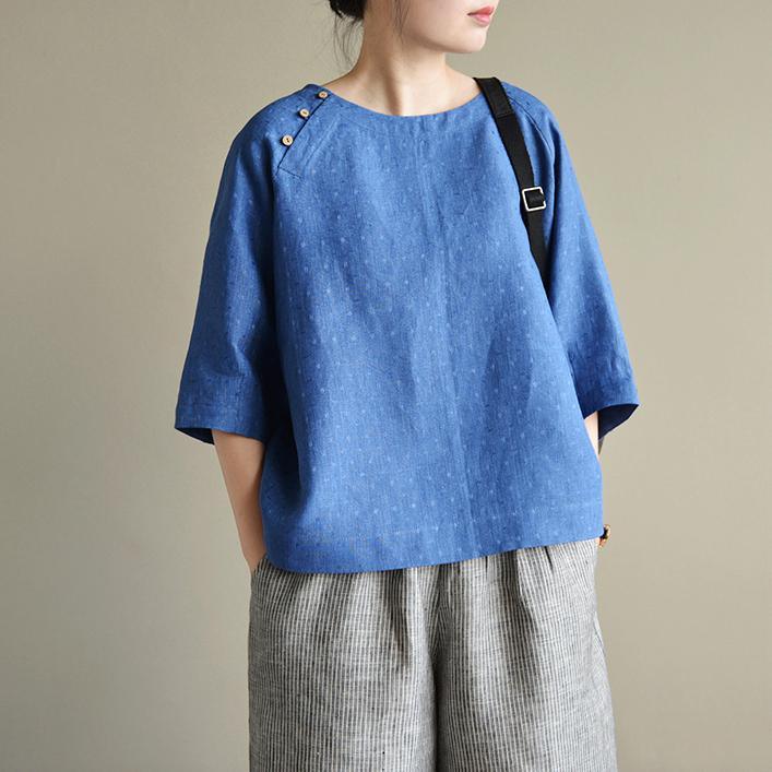 2021 Blue Jacquard Linen Tops Plus Size Dotted Casual Pullover Short Sleeve T Shirt ( Limited Stock) - Omychic