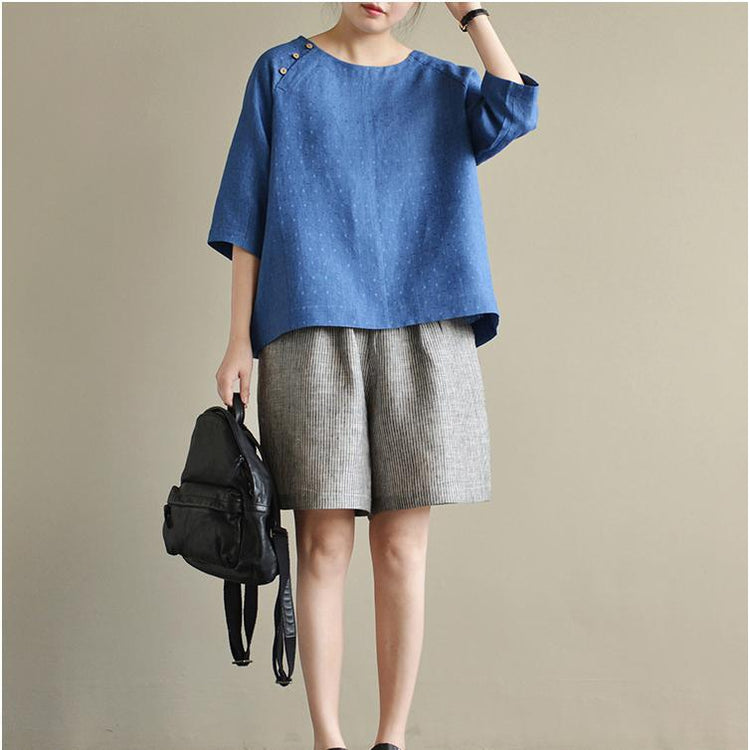 2021 Blue Jacquard Linen Tops Plus Size Dotted Casual Pullover Short Sleeve T Shirt ( Limited Stock) - Omychic