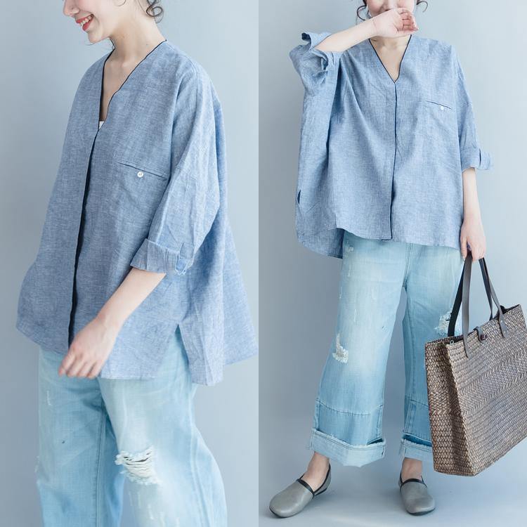 2021 blue linen casual blouse stylish loose tops V neck shirts - Omychic