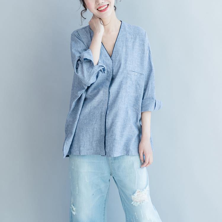 2021 blue linen casual blouse stylish loose tops V neck shirts - Omychic