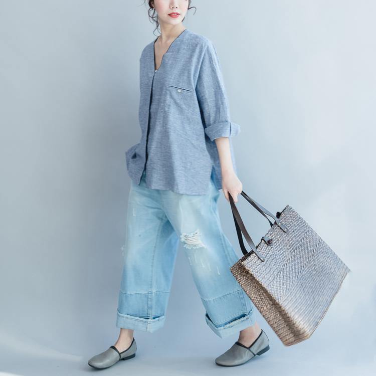 2021 blue linen casual blouse stylish loose tops V neck shirts - Omychic