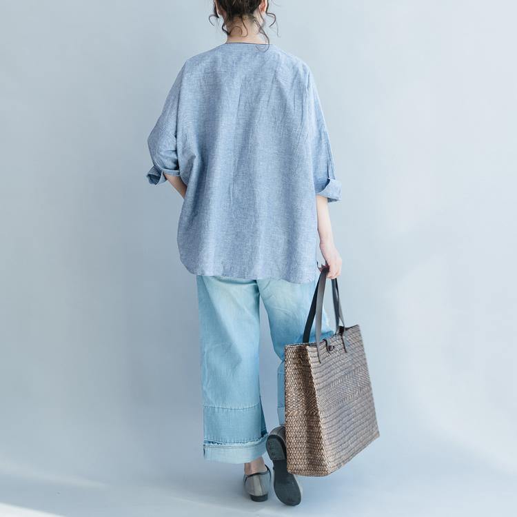 2021 blue linen casual blouse stylish loose tops V neck shirts - Omychic