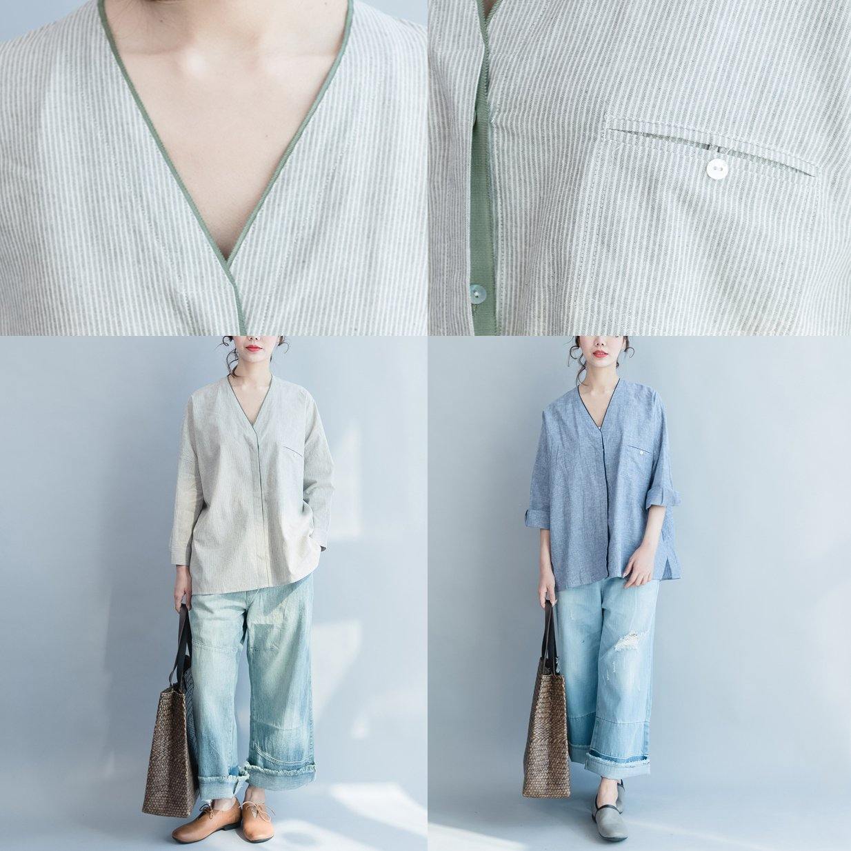 2021 blue linen casual blouse stylish loose tops V neck shirts - Omychic