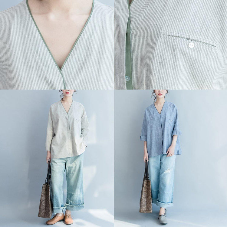 2021 blue linen casual blouse stylish loose tops V neck shirts - Omychic