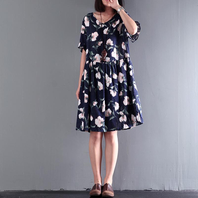 2017 blue print summer dresses flatering cotton dress short sleeve sundress - Omychic