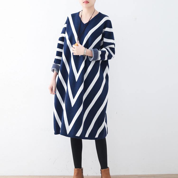 2017  blue striped sweater dress plussize winter dress Elegant unique knit dress - Omychic