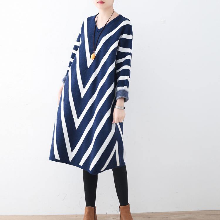 2017  blue striped sweater dress plussize winter dress Elegant unique knit dress - Omychic